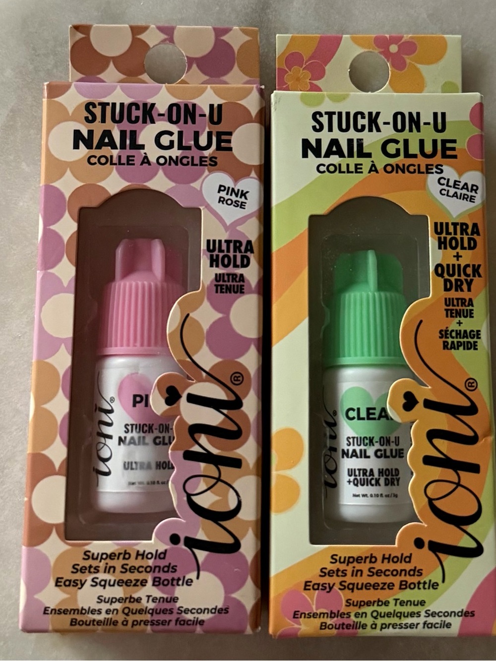 Ioni Stuck-On-U Nail Glue- 2 pack- Pink & Clear